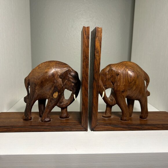 Vintage Art Deco Bookends Wooden Carved Elephants Bookends Elephants old antique - Picture 3 of 4